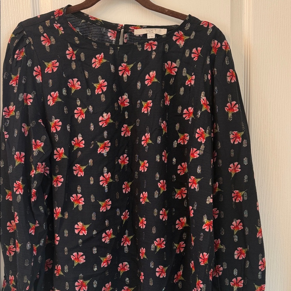 LOFT Black Blouse with Pink Floral Design